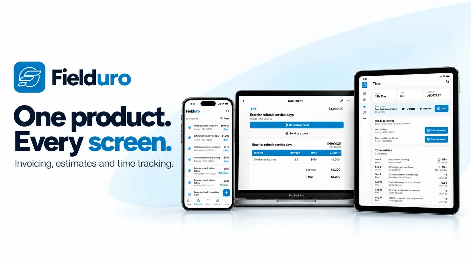 Fielduro documents, invoicing, and time tracking on iPhone, Mac, and iPad