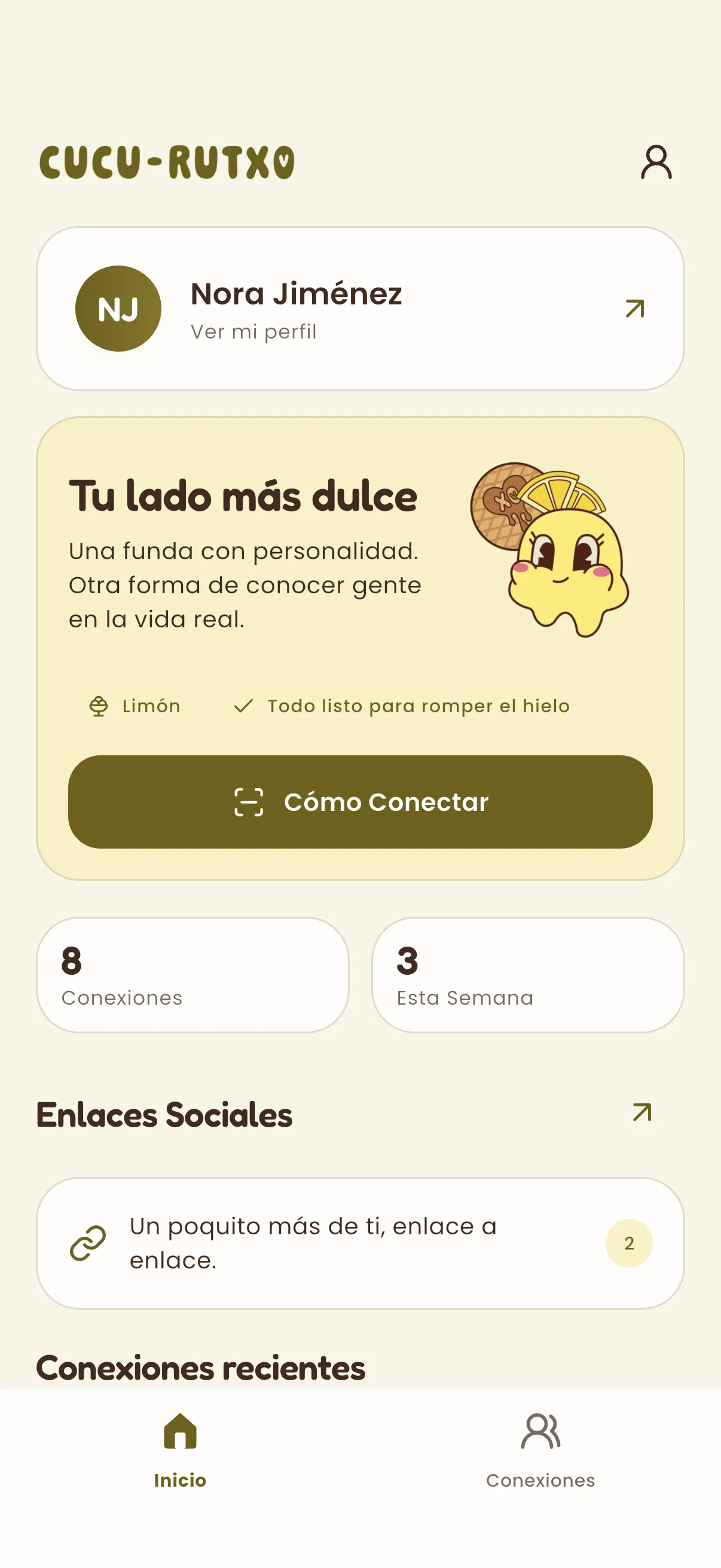 Cucu Rutxo home screen with a yellow character theme and demo profile