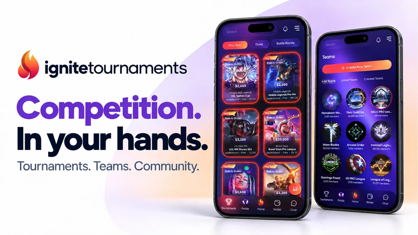 Ignite Tournaments esports discovery and team screens presented on iPhone
