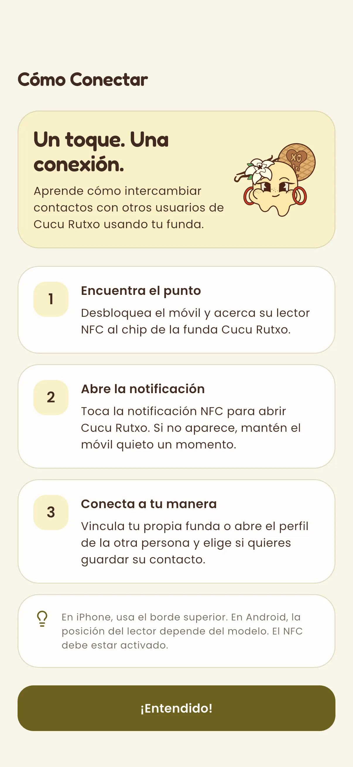 Cucu Rutxo three-step NFC connection guide in Spanish