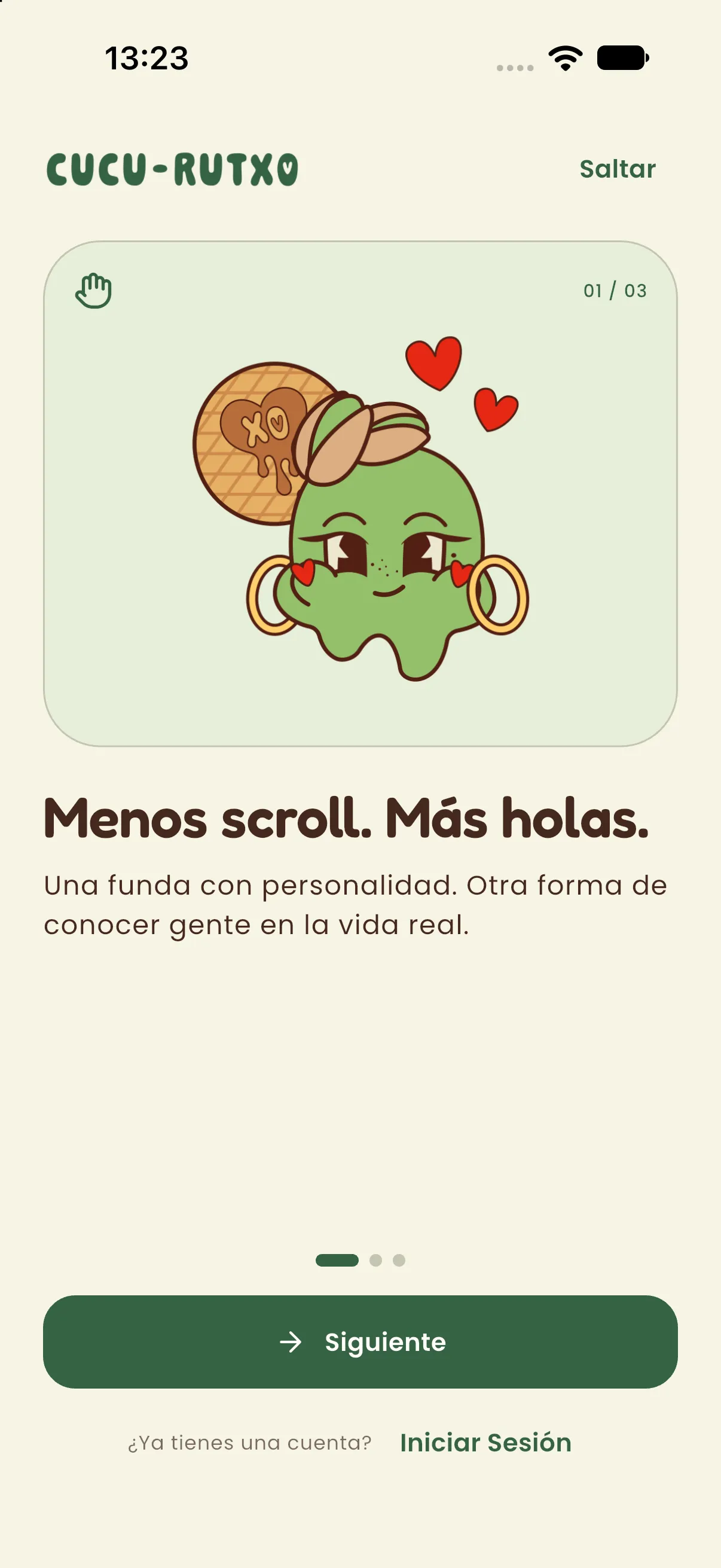 Cucu Rutxo character-led onboarding screen